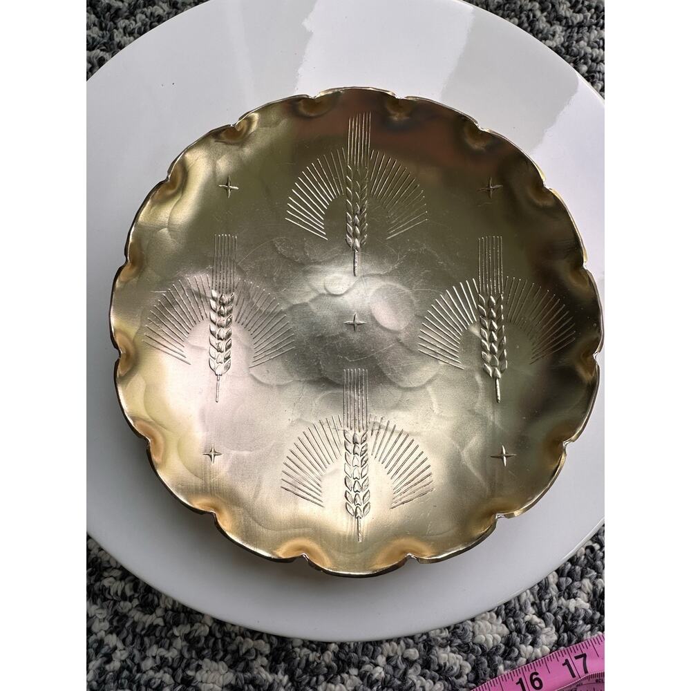Vintage Arthur Armour Trinket Tray Metal Gold Tone Hammered Wheat Sunburst